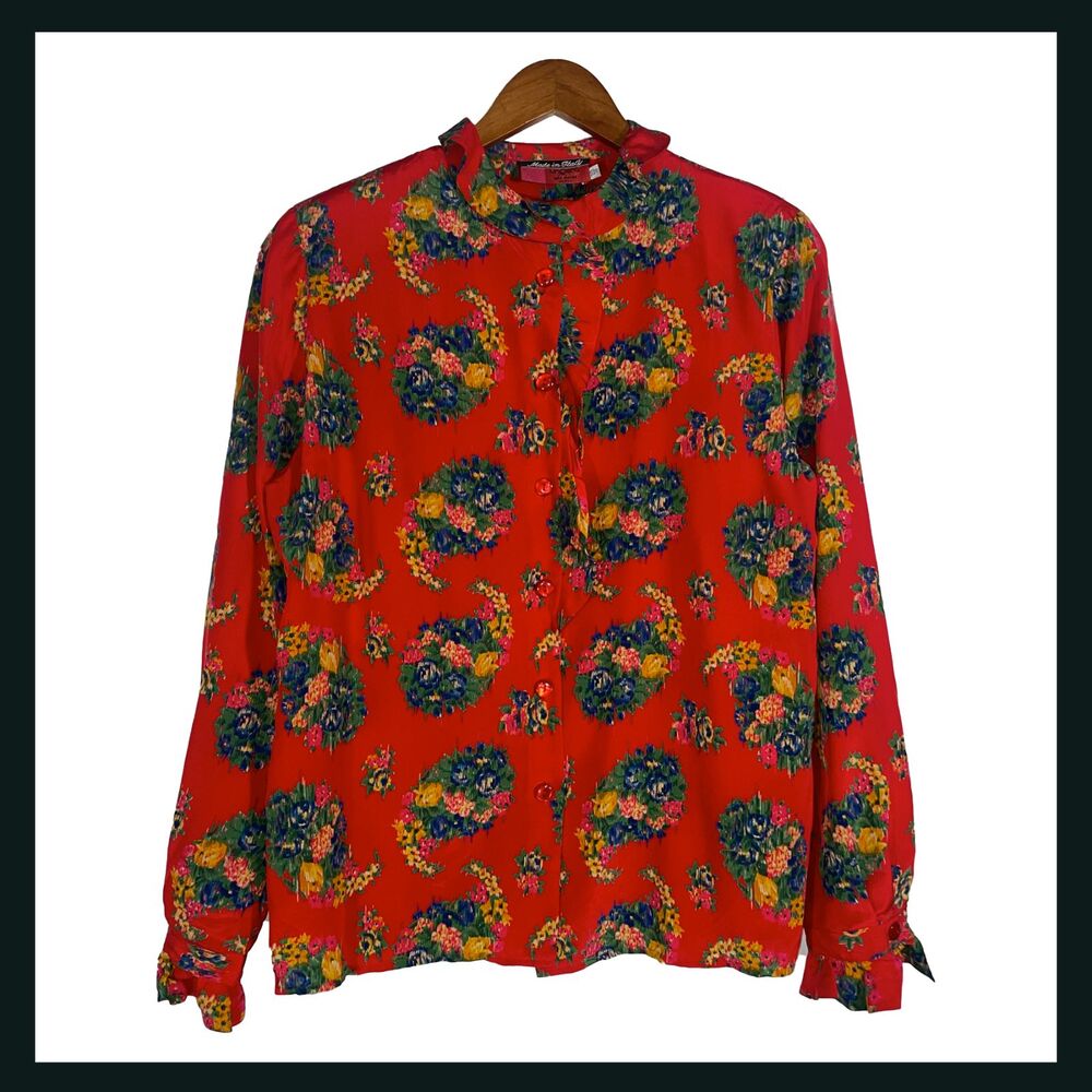 Vintage Ungaro Red Floral Silk Blouse Button Front Made in Italy 80s 90s L XL